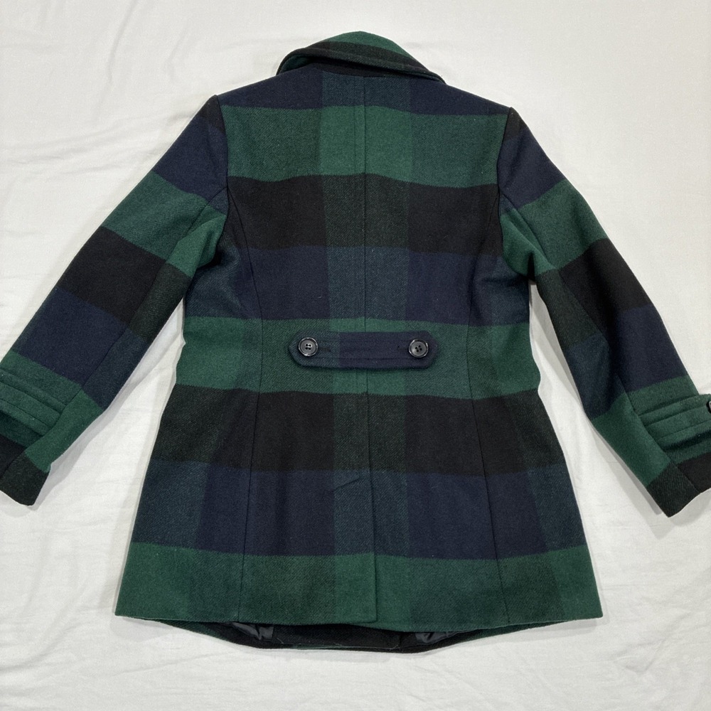 St. John's Bay Plaid Peacoat Wool Blend Jacket Size S Green Navy Double Breasted - Picture 8 of 8
